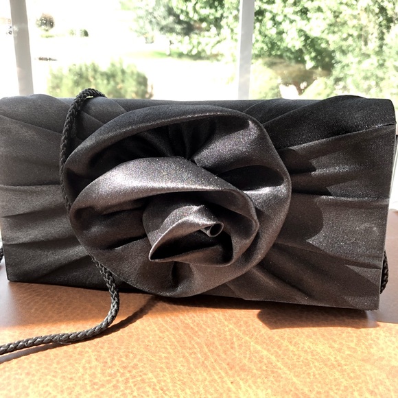 Rose Detail Clutch Evening Bag - Shiny Black - Picture 2 of 8